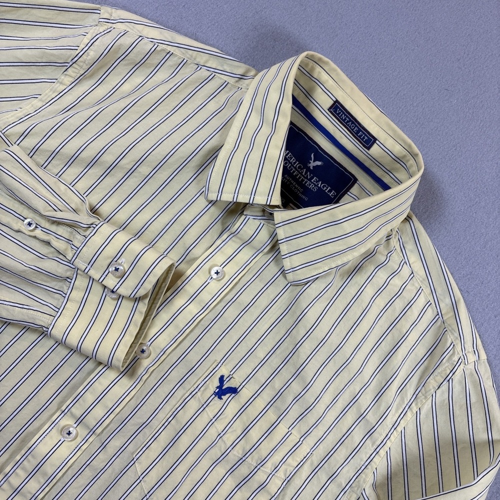 American Eagle Button Shirt Men Large Vintage Fit Yellow Blue Stripe Long Sleeve